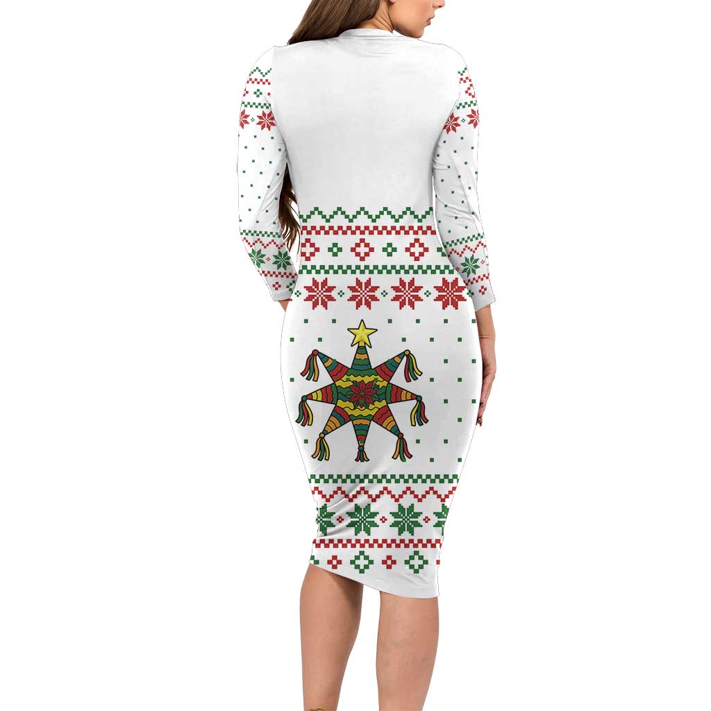 Mexico Christmas Long Sleeve Bodycon Dress with Piñata Star Design and Red Green Snowflake Pattern - Wonder Print Shop