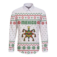Mexico Christmas Long Sleeve Button Shirt with Piñata Star Design and Red Green Snowflake Pattern - Wonder Print Shop