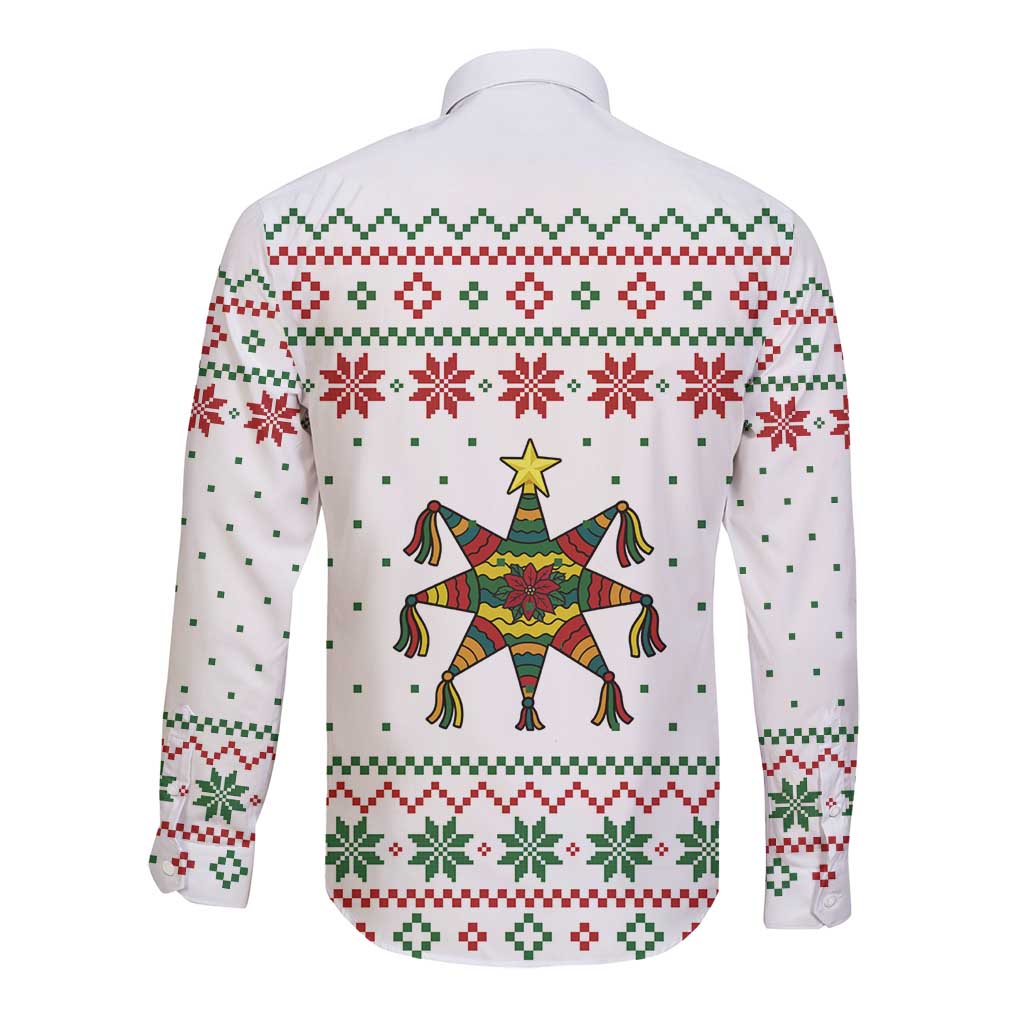 Mexico Christmas Long Sleeve Button Shirt with Piñata Star Design and Red Green Snowflake Pattern - Wonder Print Shop