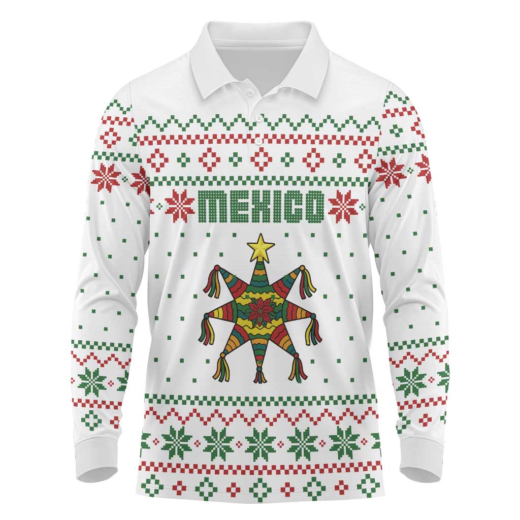 Mexico Christmas Long Sleeve Polo Shirt with Piñata Star Design and Red Green Snowflake Pattern - Wonder Print Shop