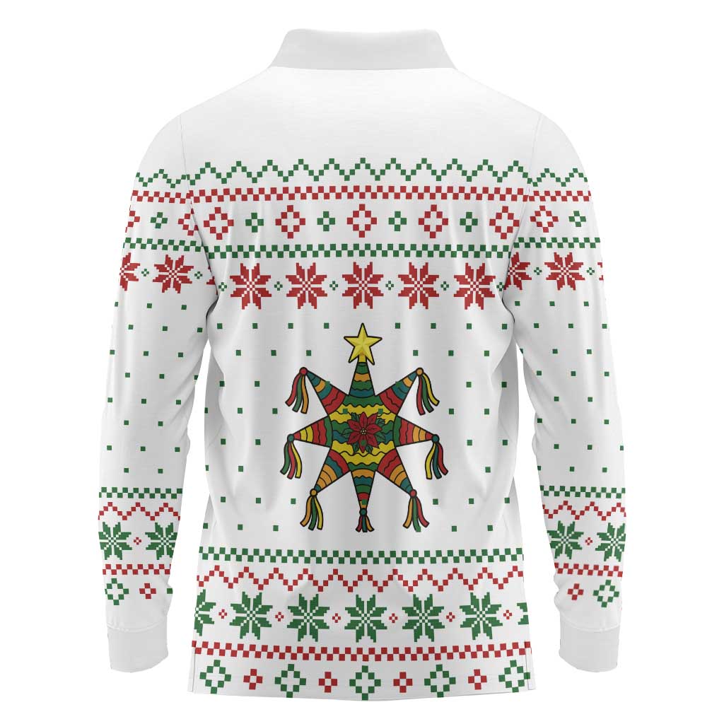Mexico Christmas Long Sleeve Polo Shirt with Piñata Star Design and Red Green Snowflake Pattern - Wonder Print Shop