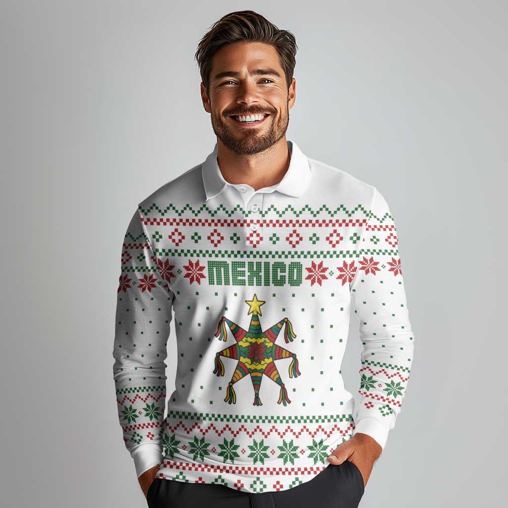 Mexico Christmas Long Sleeve Polo Shirt with Piñata Star Design and Red Green Snowflake Pattern - Wonder Print Shop