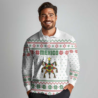 Mexico Christmas Long Sleeve Polo Shirt with Piñata Star Design and Red Green Snowflake Pattern - Wonder Print Shop