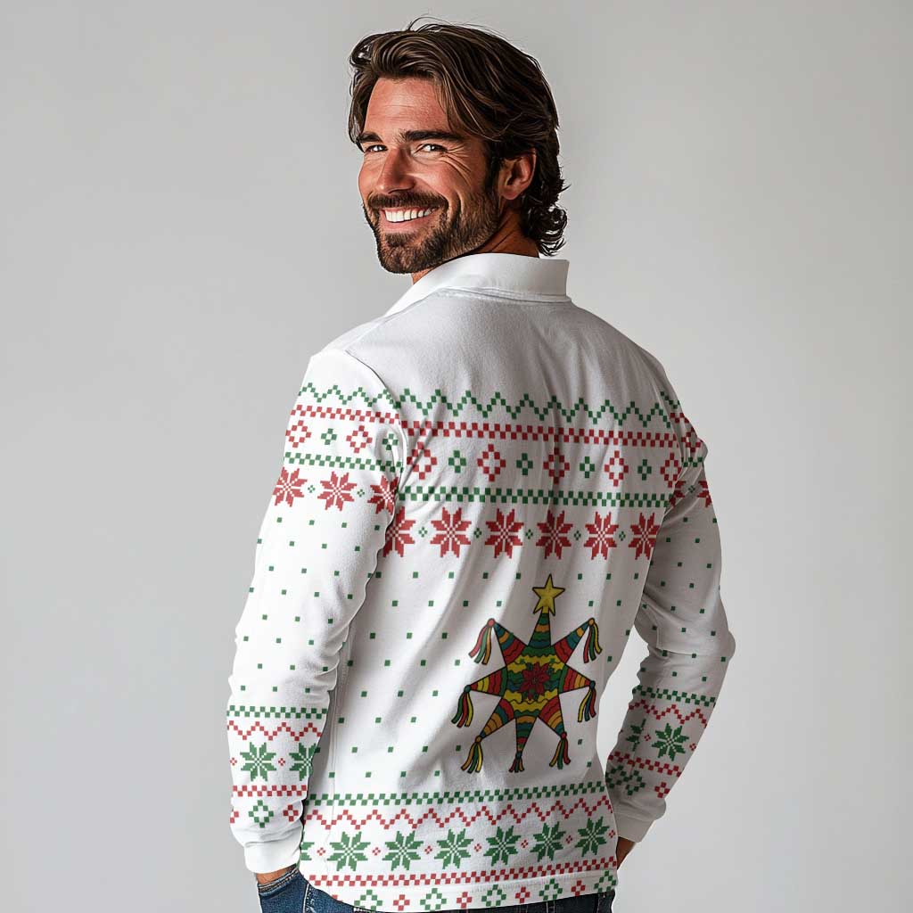 Mexico Christmas Long Sleeve Polo Shirt with Piñata Star Design and Red Green Snowflake Pattern - Wonder Print Shop