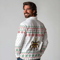 Mexico Christmas Long Sleeve Polo Shirt with Piñata Star Design and Red Green Snowflake Pattern - Wonder Print Shop