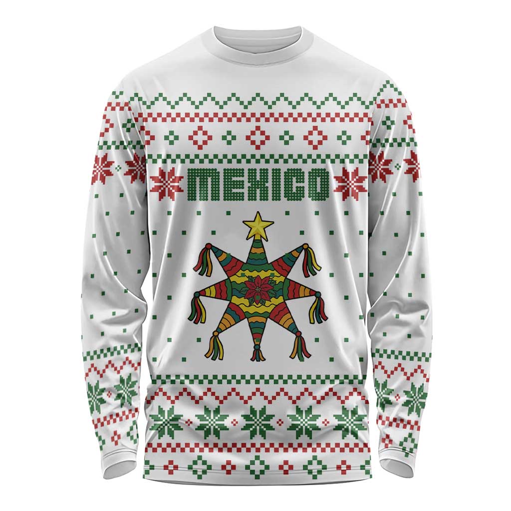 Mexico Christmas Long Sleeve Shirt with Piñata Star Design and Red Green Snowflake Pattern - Wonder Print Shop