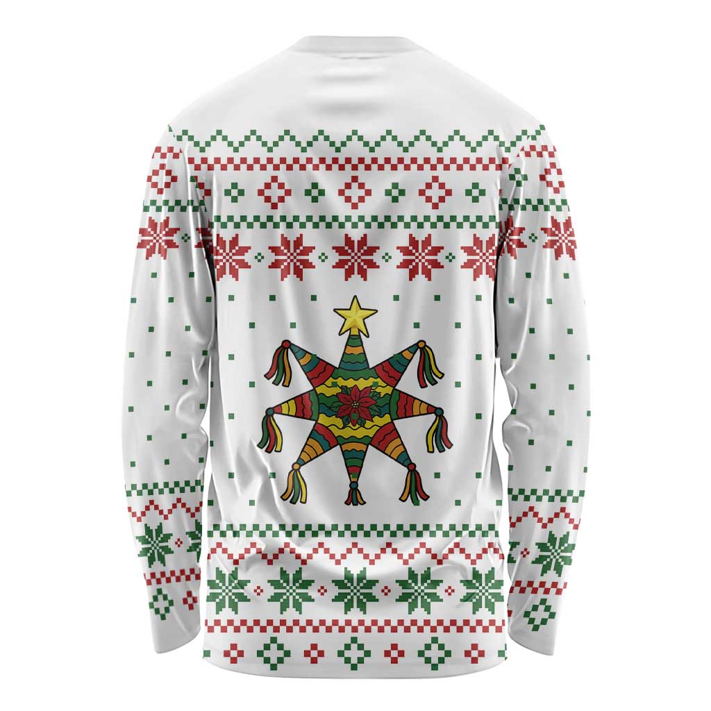 Mexico Christmas Long Sleeve Shirt with Piñata Star Design and Red Green Snowflake Pattern - Wonder Print Shop