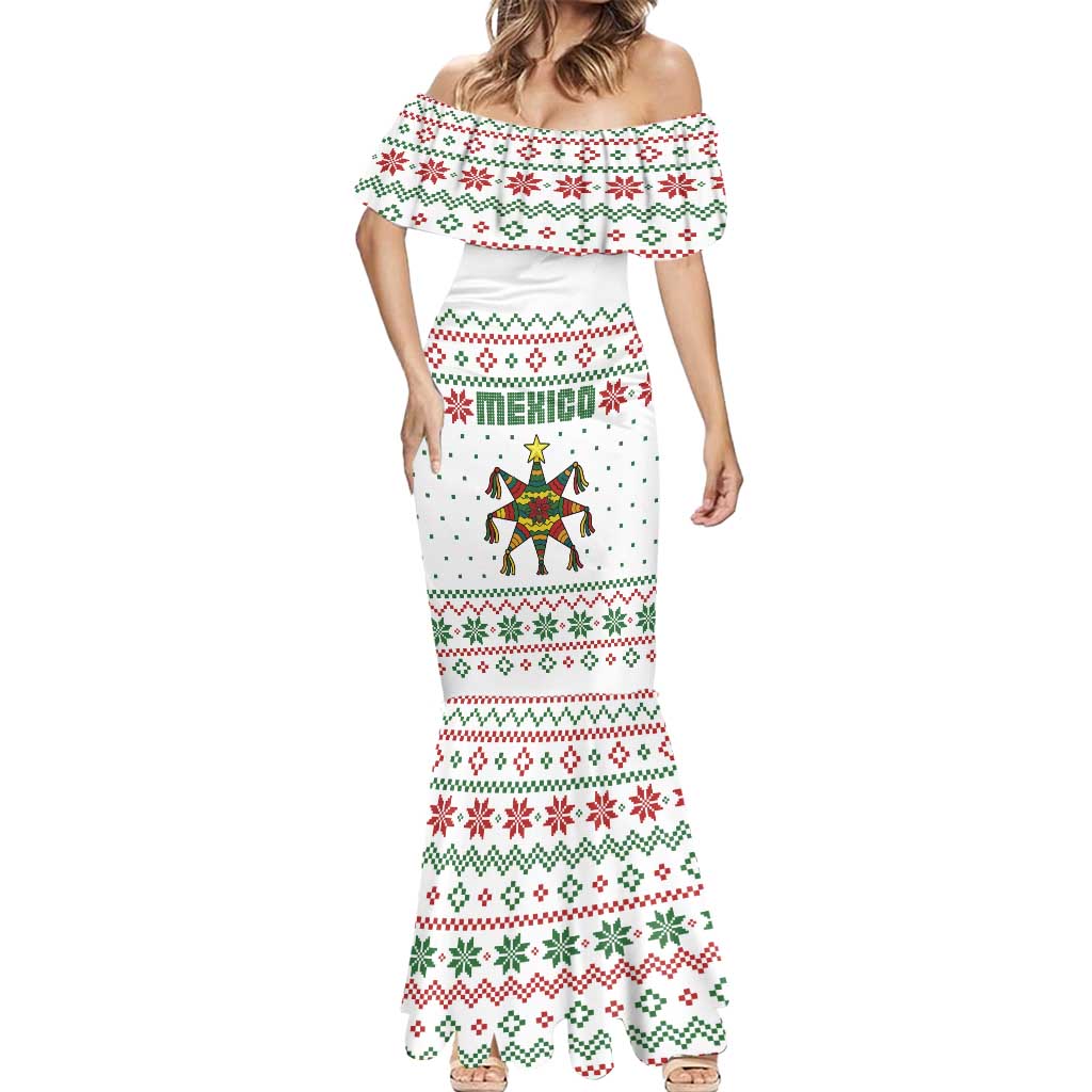 Mexico Christmas Mermaid Dress with Piñata Star Design and Red Green Snowflake Pattern - Wonder Print Shop