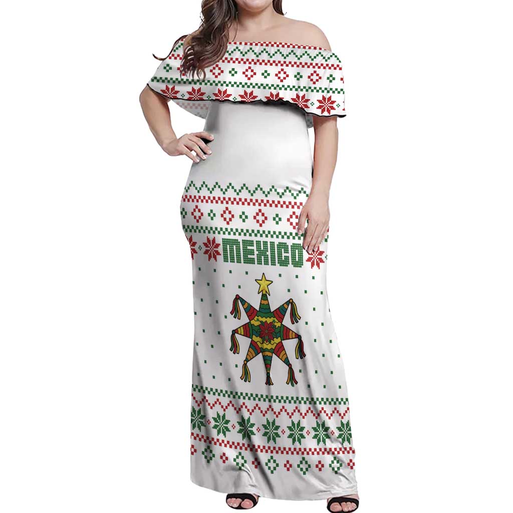 Mexico Christmas Off Shoulder Maxi Dress with Piñata Star Design and Red Green Snowflake Pattern - Wonder Print Shop