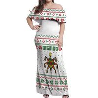 Mexico Christmas Off Shoulder Maxi Dress with Piñata Star Design and Red Green Snowflake Pattern - Wonder Print Shop