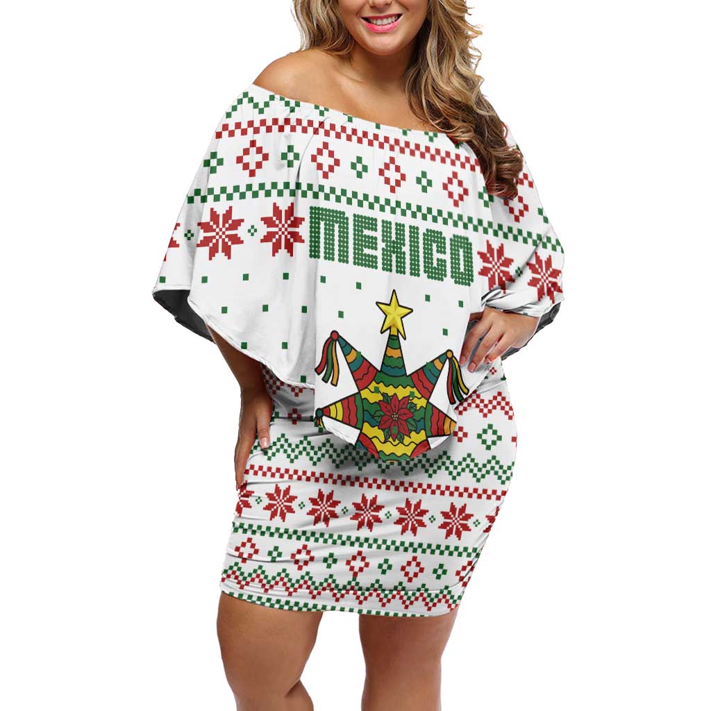 Mexico Christmas Off Shoulder Short Dress with Piñata Star Design and Red Green Snowflake Pattern - Wonder Print Shop
