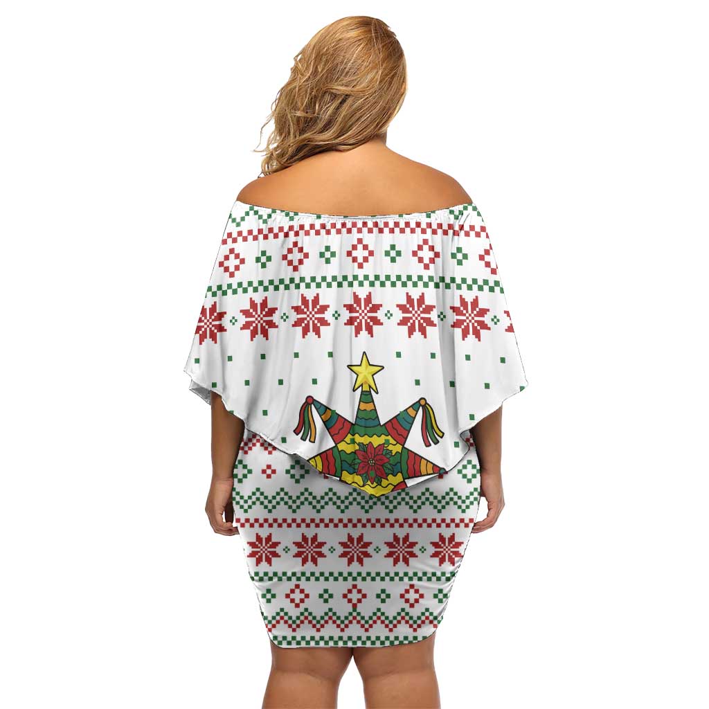 Mexico Christmas Off Shoulder Short Dress with Piñata Star Design and Red Green Snowflake Pattern - Wonder Print Shop