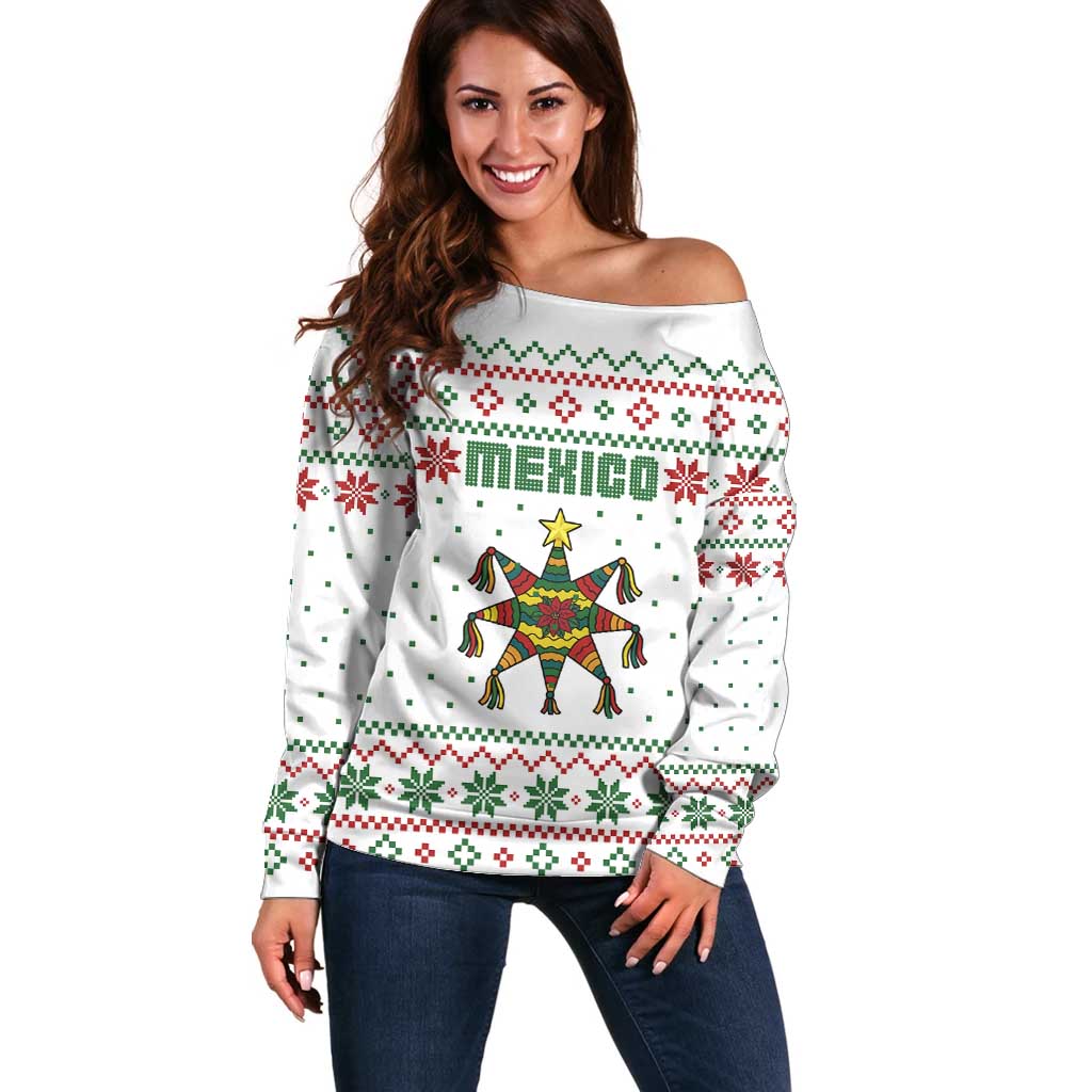 Mexico Christmas Off Shoulder Sweater with Piñata Star Design and Red Green Snowflake Pattern - Wonder Print Shop