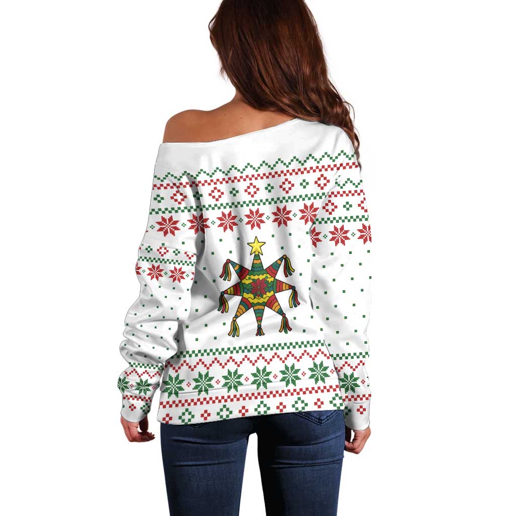 Mexico Christmas Off Shoulder Sweater with Piñata Star Design and Red Green Snowflake Pattern - Wonder Print Shop