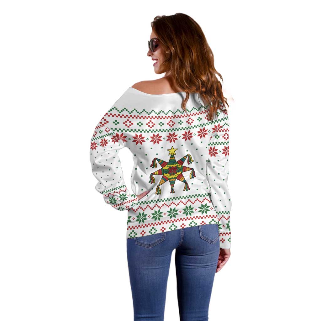 Mexico Christmas Off Shoulder Sweater with Piñata Star Design and Red Green Snowflake Pattern - Wonder Print Shop