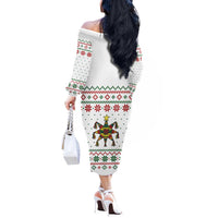 Mexico Christmas Off The Shoulder Long Sleeve Dress with Piñata Star Design and Red Green Snowflake Pattern - Wonder Print Shop