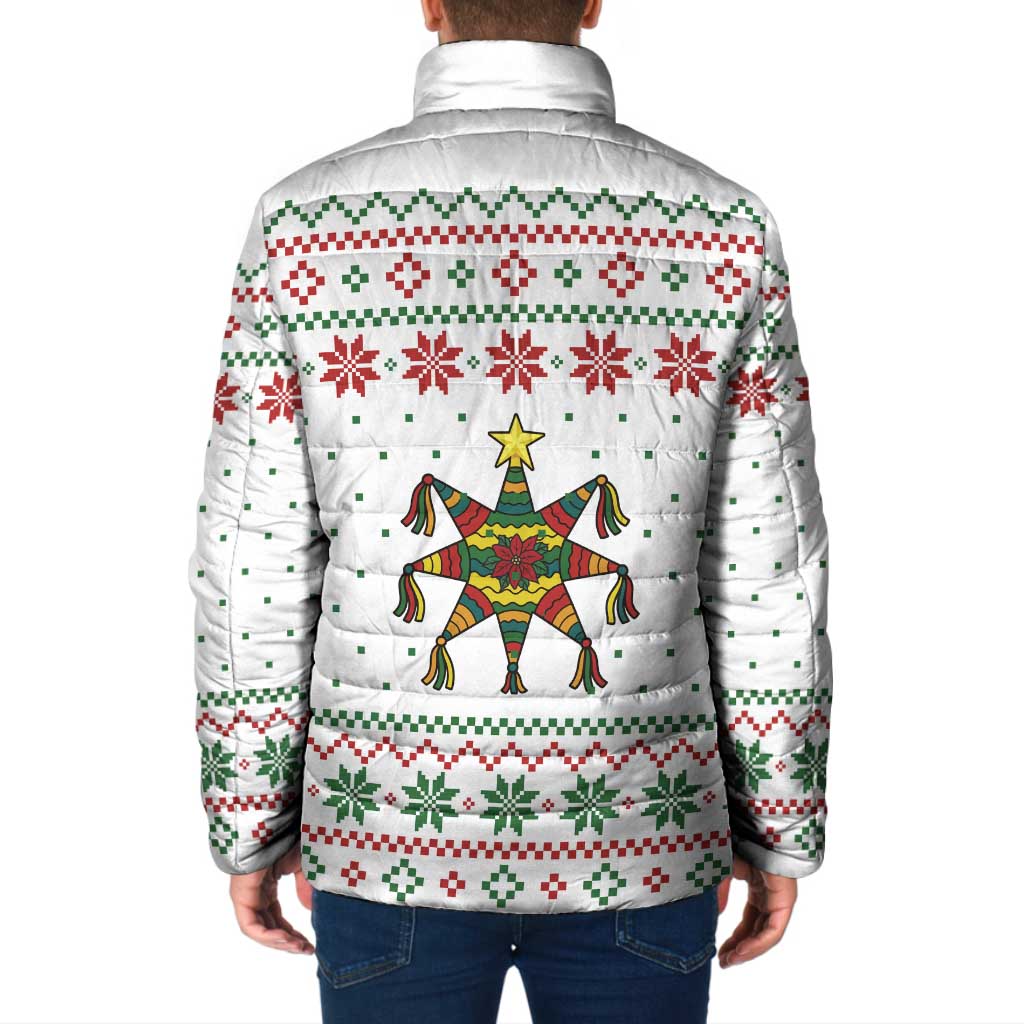 Mexico Christmas Padded Jacket with Piñata Star Design and Red Green Snowflake Pattern - Wonder Print Shop