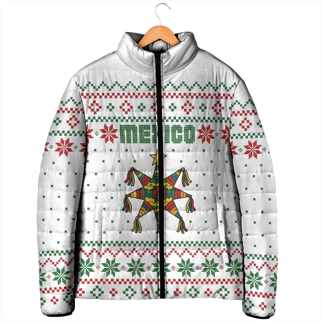 Mexico Christmas Padded Jacket with Piñata Star Design and Red Green Snowflake Pattern - Wonder Print Shop