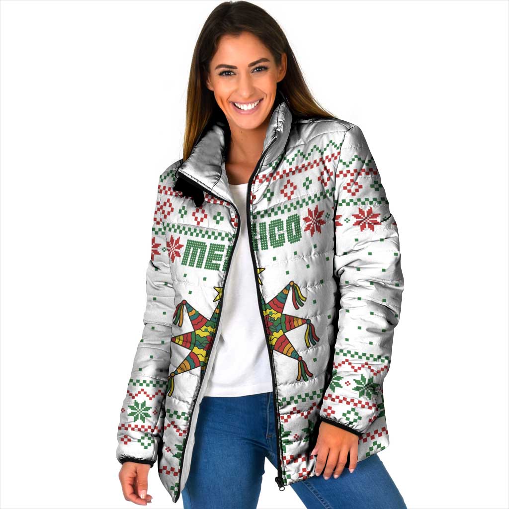 Mexico Christmas Padded Jacket with Piñata Star Design and Red Green Snowflake Pattern - Wonder Print Shop