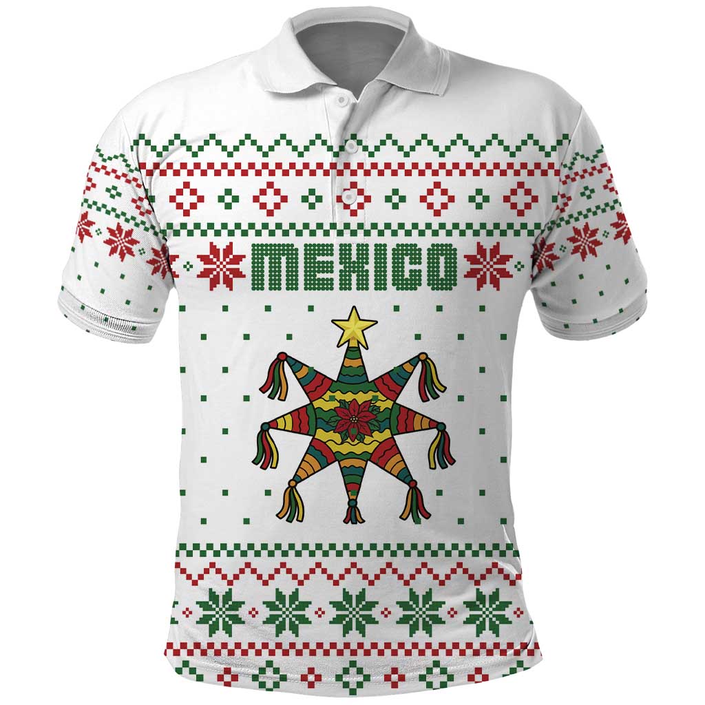 Mexico Christmas Polo Shirt with Piñata Star Design and Red Green Snowflake Pattern - Wonder Print Shop