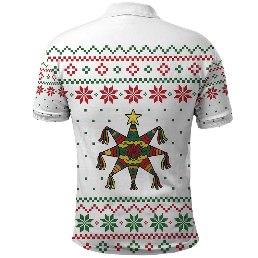 Mexico Christmas Polo Shirt with Piñata Star Design and Red Green Snowflake Pattern - Wonder Print Shop