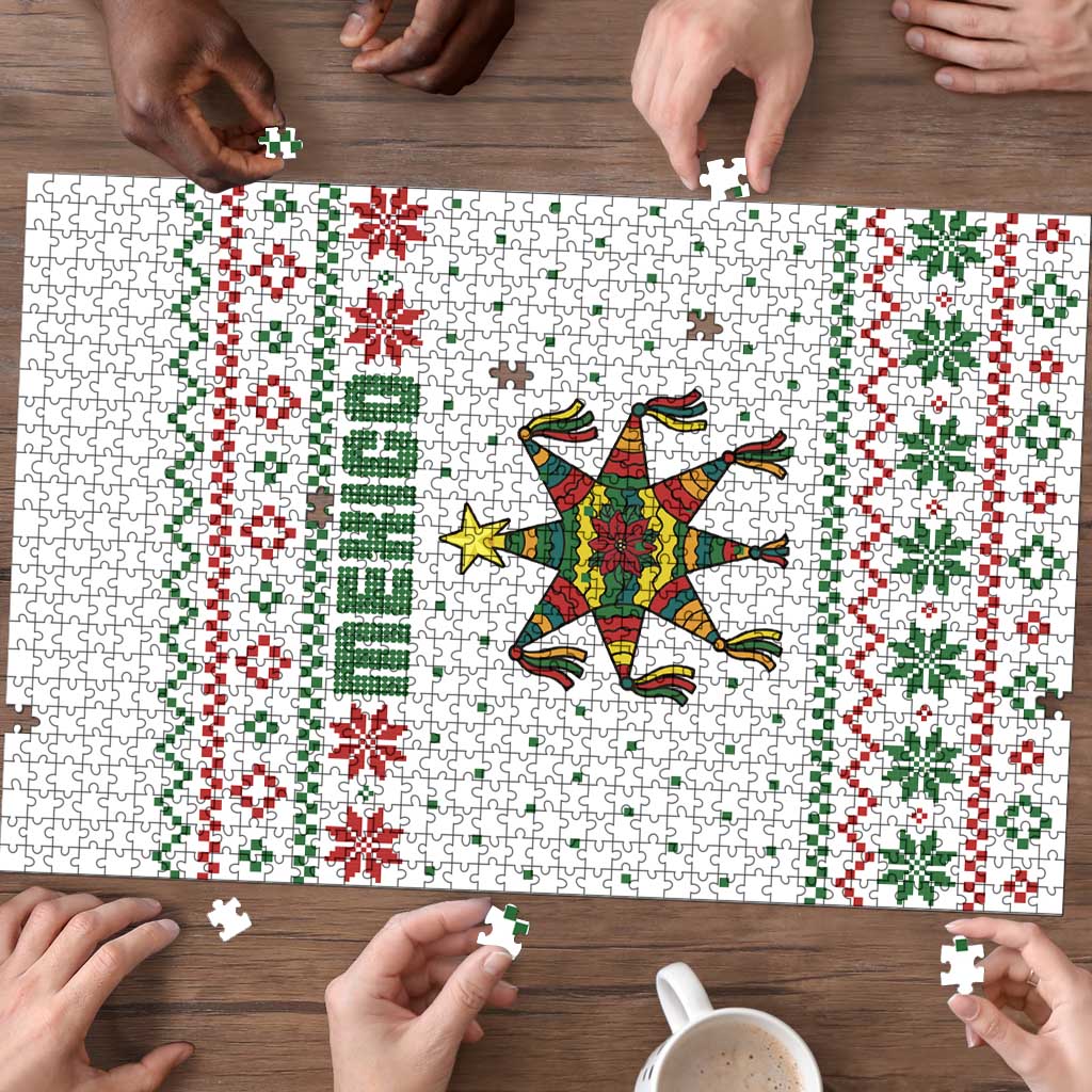 Mexico Christmas Puzzle with Piñata Star Design and Red Green Snowflake Pattern - Wonder Print Shop
