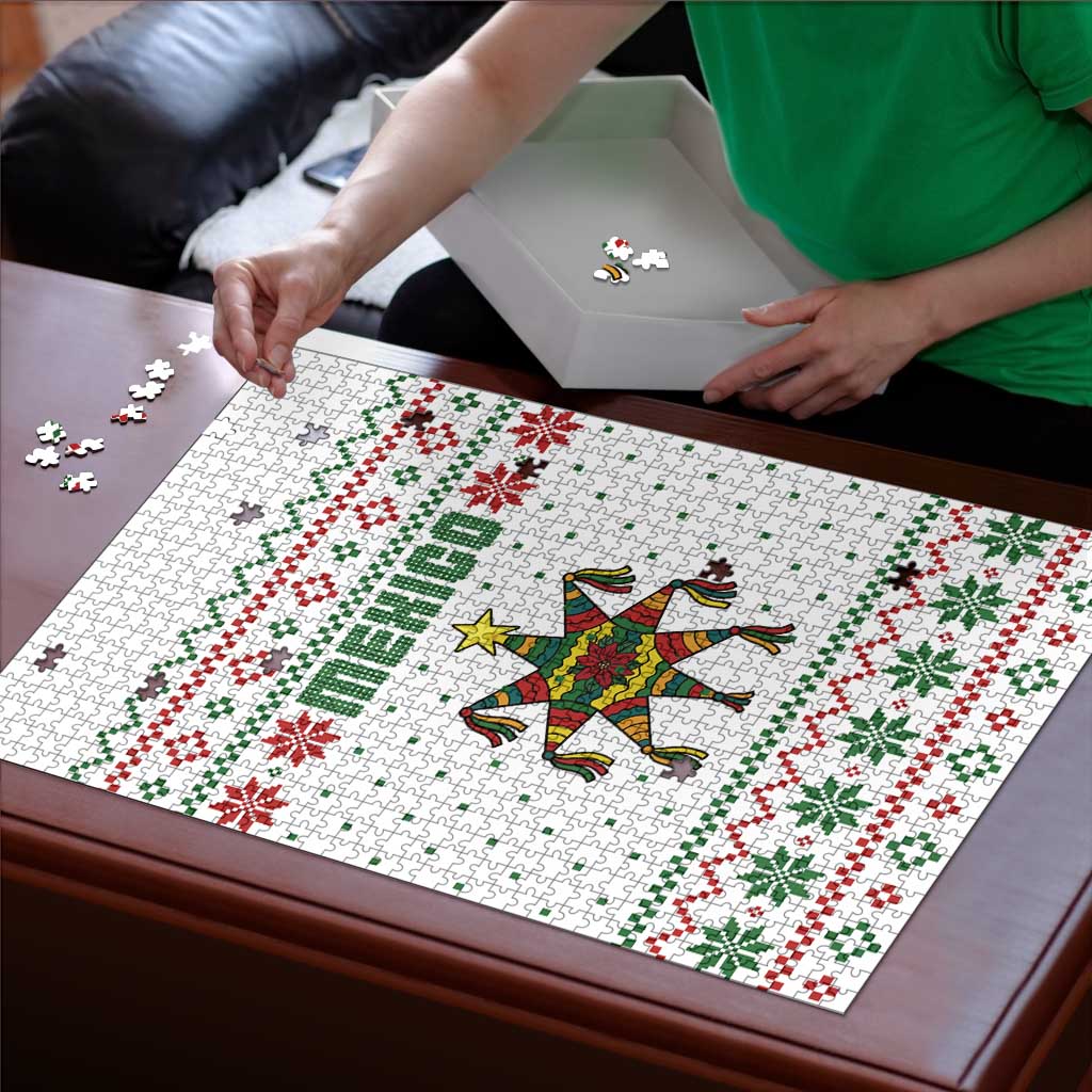 Mexico Christmas Puzzle with Piñata Star Design and Red Green Snowflake Pattern - Wonder Print Shop