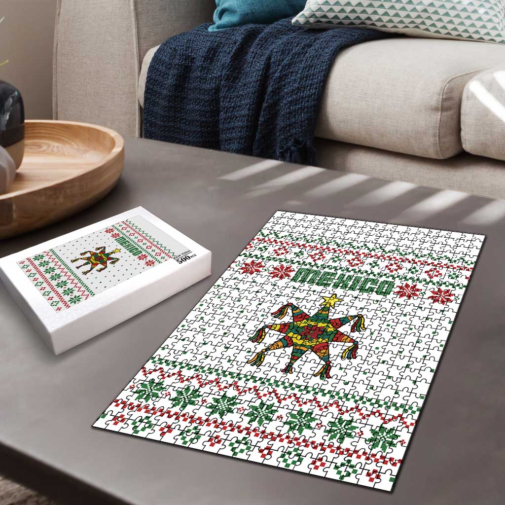 Mexico Christmas Puzzle with Piñata Star Design and Red Green Snowflake Pattern - Wonder Print Shop