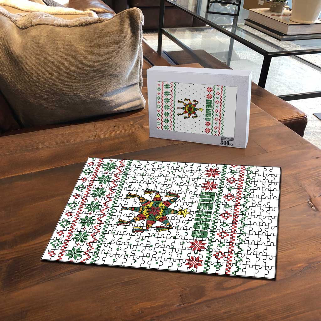 Mexico Christmas Puzzle with Piñata Star Design and Red Green Snowflake Pattern - Wonder Print Shop