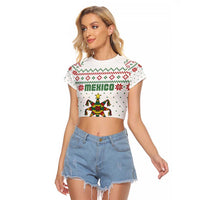 Mexico Christmas Raglan Cropped T Shirt with Piñata Star Design and Red Green Snowflake Pattern - Wonder Print Shop