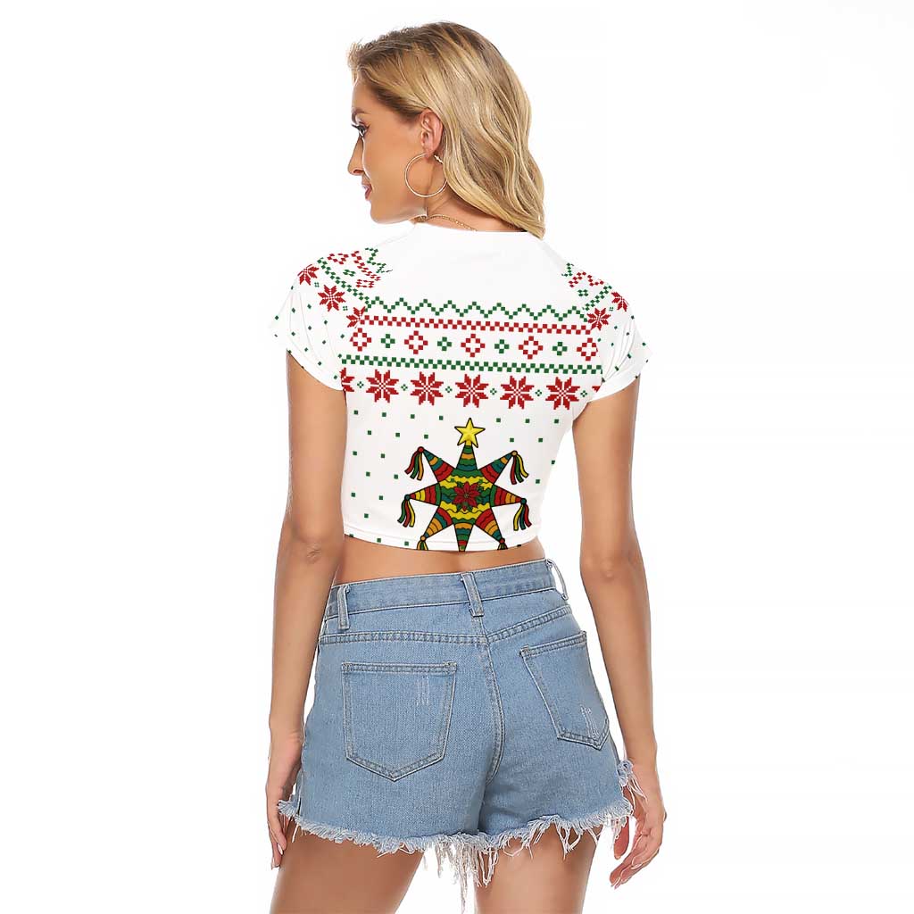 Mexico Christmas Raglan Cropped T Shirt with Piñata Star Design and Red Green Snowflake Pattern - Wonder Print Shop