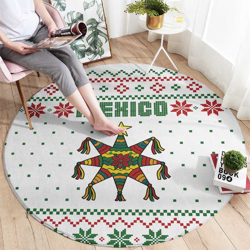 Mexico Christmas Round Carpet with Piñata Star Design and Red Green Snowflake Pattern - Wonder Print Shop