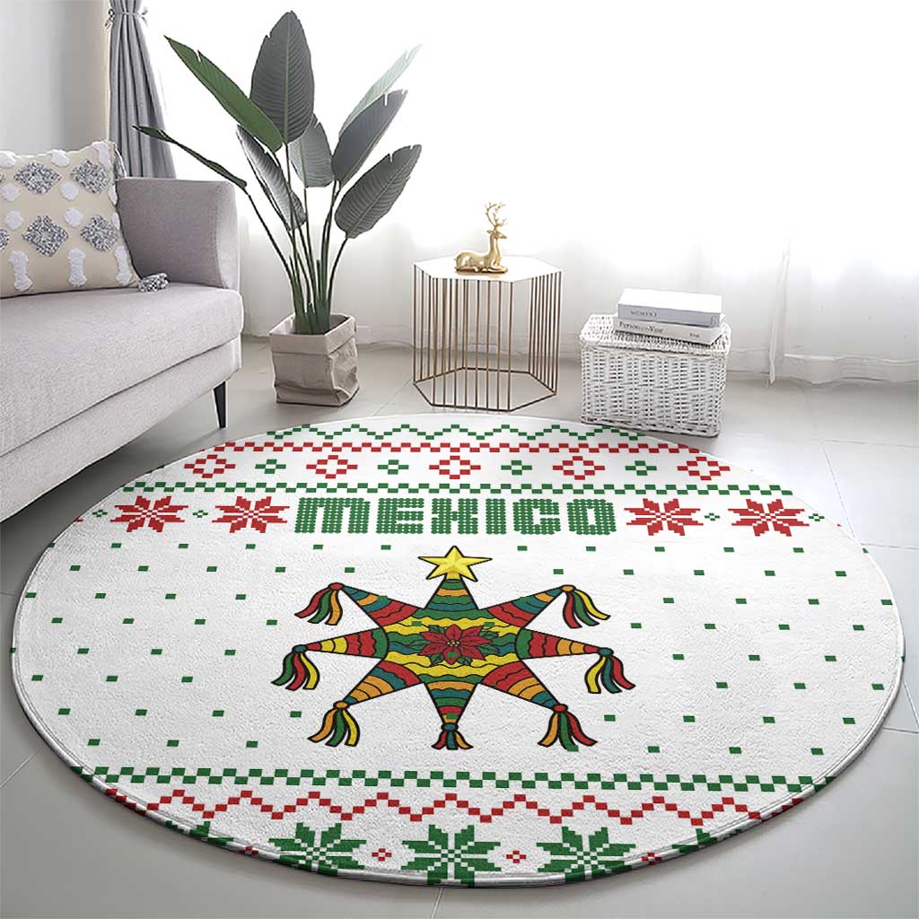 Mexico Christmas Round Carpet with Piñata Star Design and Red Green Snowflake Pattern - Wonder Print Shop
