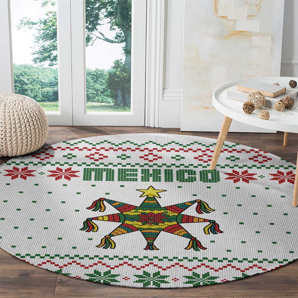 Mexico Christmas Round Carpet with Piñata Star Design and Red Green Snowflake Pattern - Wonder Print Shop
