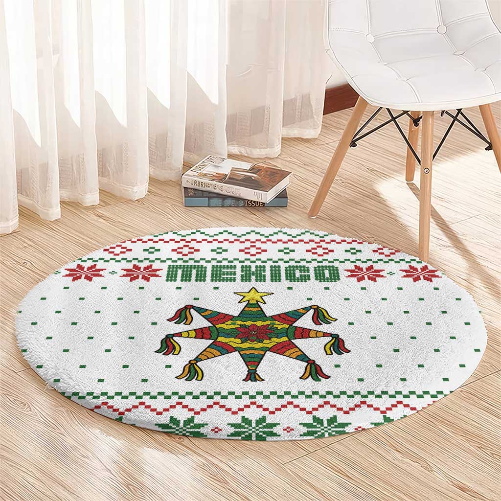 Mexico Christmas Round Carpet with Piñata Star Design and Red Green Snowflake Pattern - Wonder Print Shop