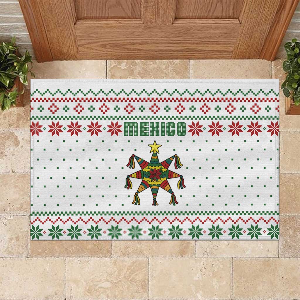 Mexico Christmas Rubber Doormat with Piñata Star Design and Red Green Snowflake Pattern - Wonder Print Shop