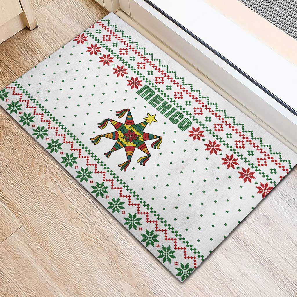Mexico Christmas Rubber Doormat with Piñata Star Design and Red Green Snowflake Pattern - Wonder Print Shop