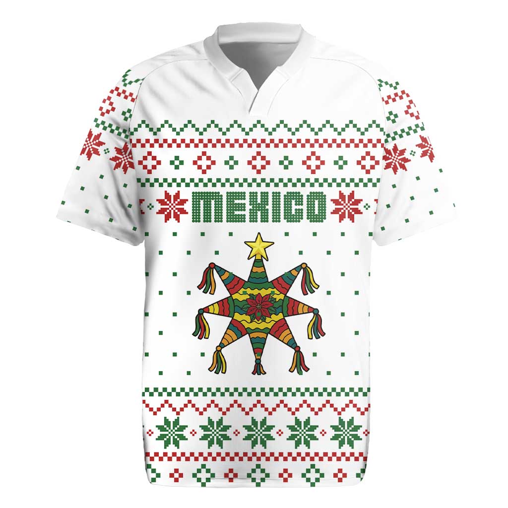 Mexico Christmas Rugby Jersey with Piñata Star Design and Red Green Snowflake Pattern - Wonder Print Shop
