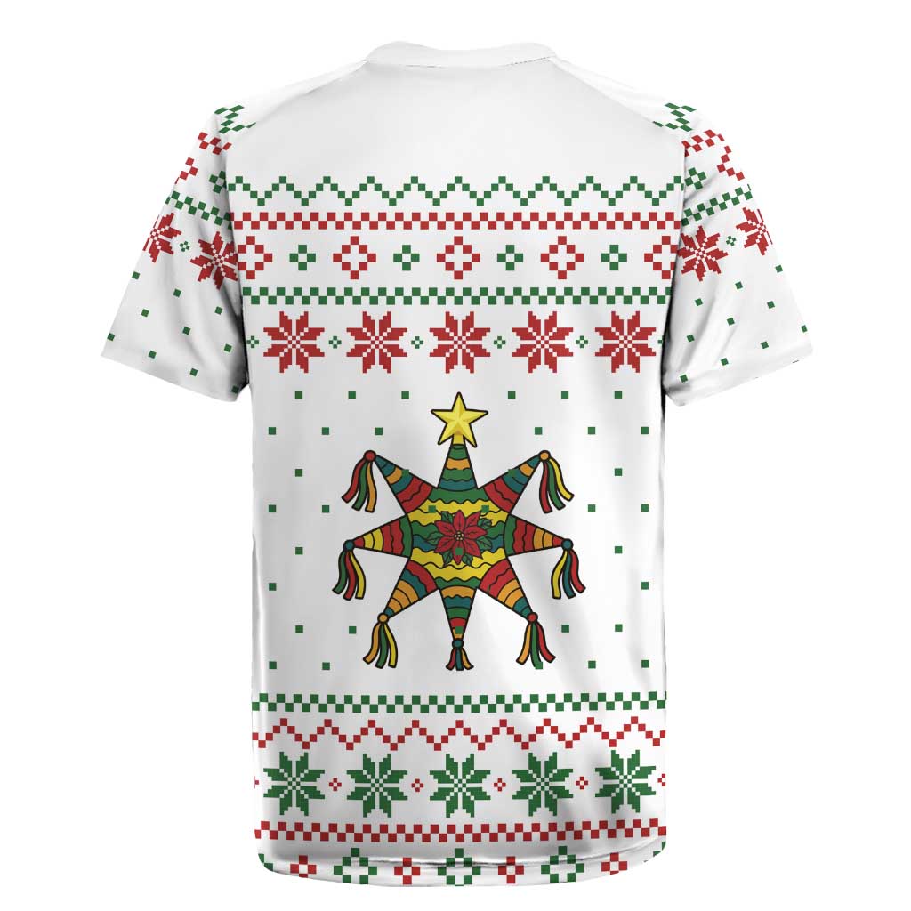 Mexico Christmas Rugby Jersey with Piñata Star Design and Red Green Snowflake Pattern - Wonder Print Shop