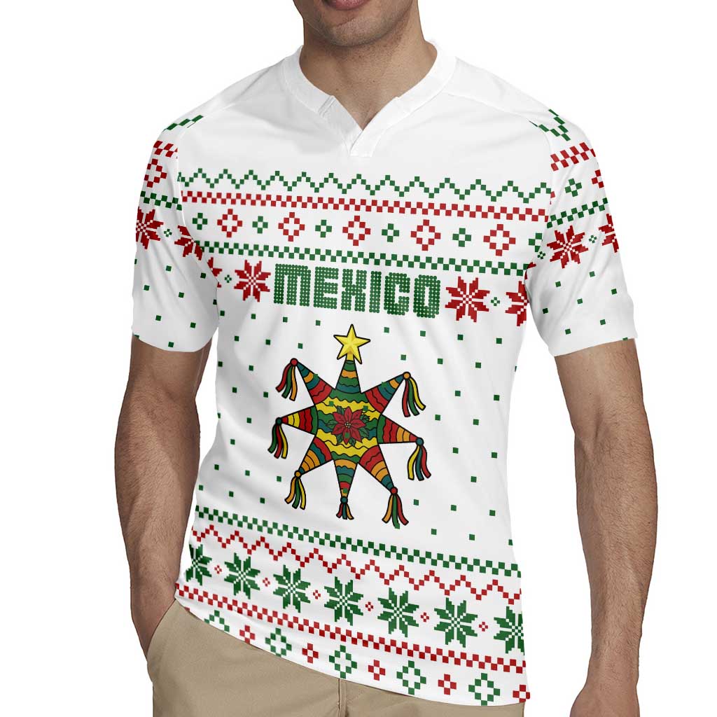 Mexico Christmas Rugby Jersey with Piñata Star Design and Red Green Snowflake Pattern - Wonder Print Shop