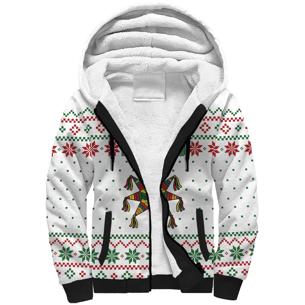 Mexico Christmas Sherpa Hoodie with Piñata Star Design and Red Green Snowflake Pattern - Wonder Print Shop