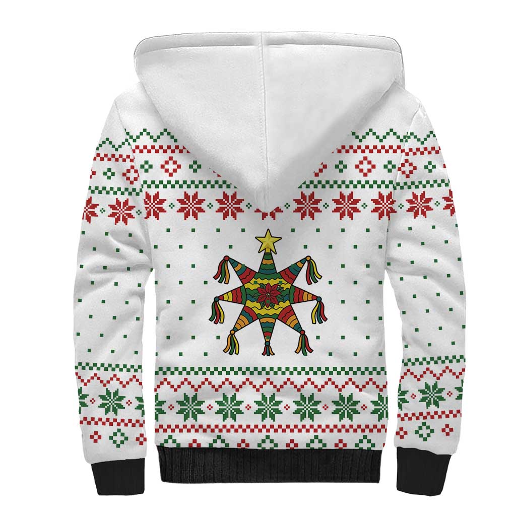 Mexico Christmas Sherpa Hoodie with Piñata Star Design and Red Green Snowflake Pattern - Wonder Print Shop
