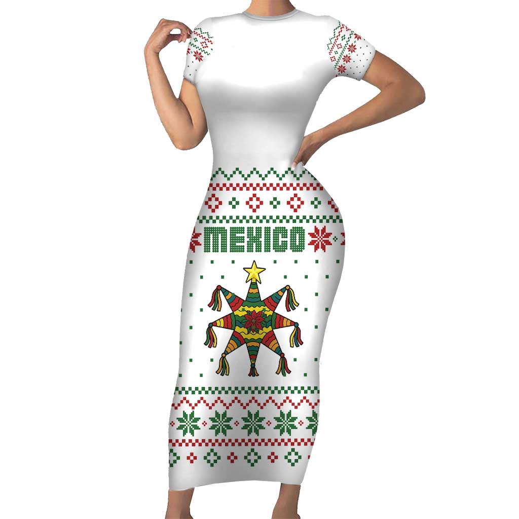 Mexico Christmas Short Sleeve Bodycon Dress with Piñata Star Design and Red Green Snowflake Pattern - Wonder Print Shop