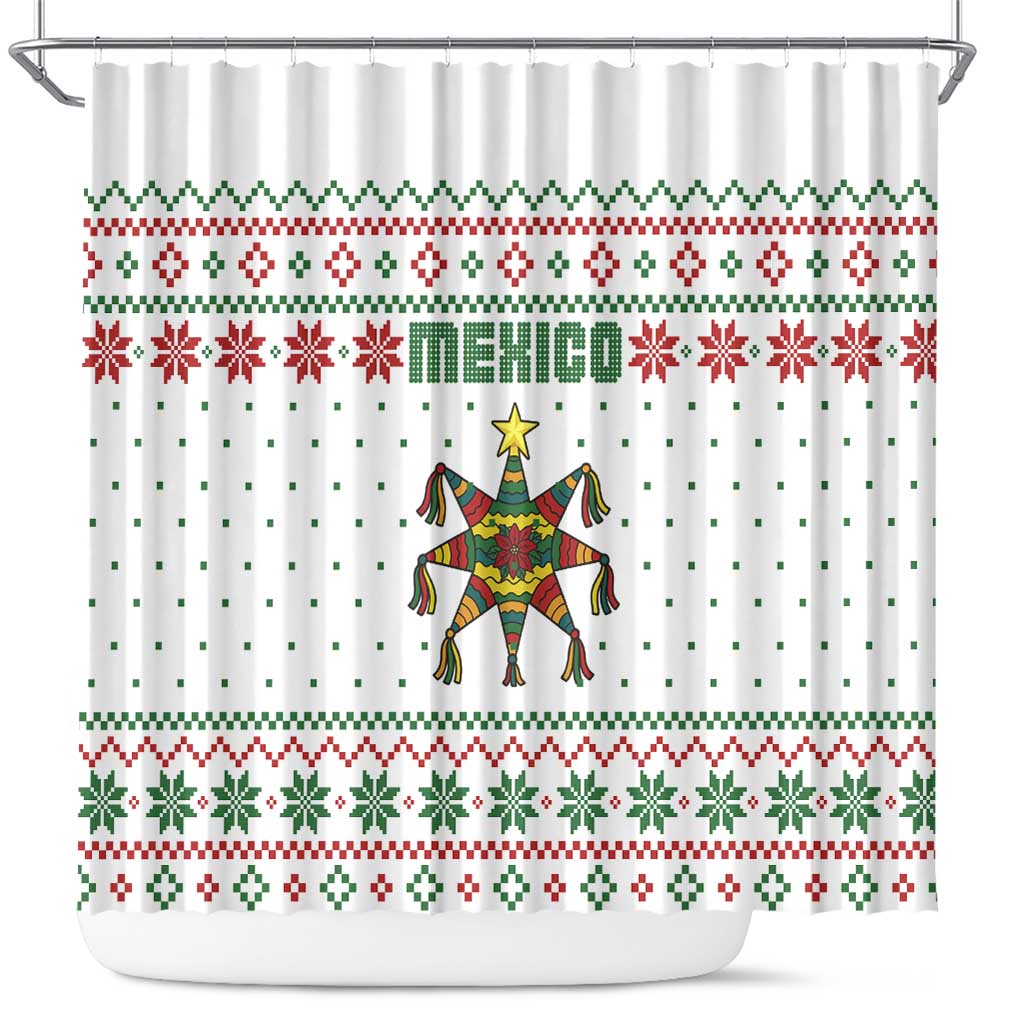 Mexico Christmas Shower Curtain with Piñata Star Design and Red Green Snowflake Pattern - Wonder Print Shop
