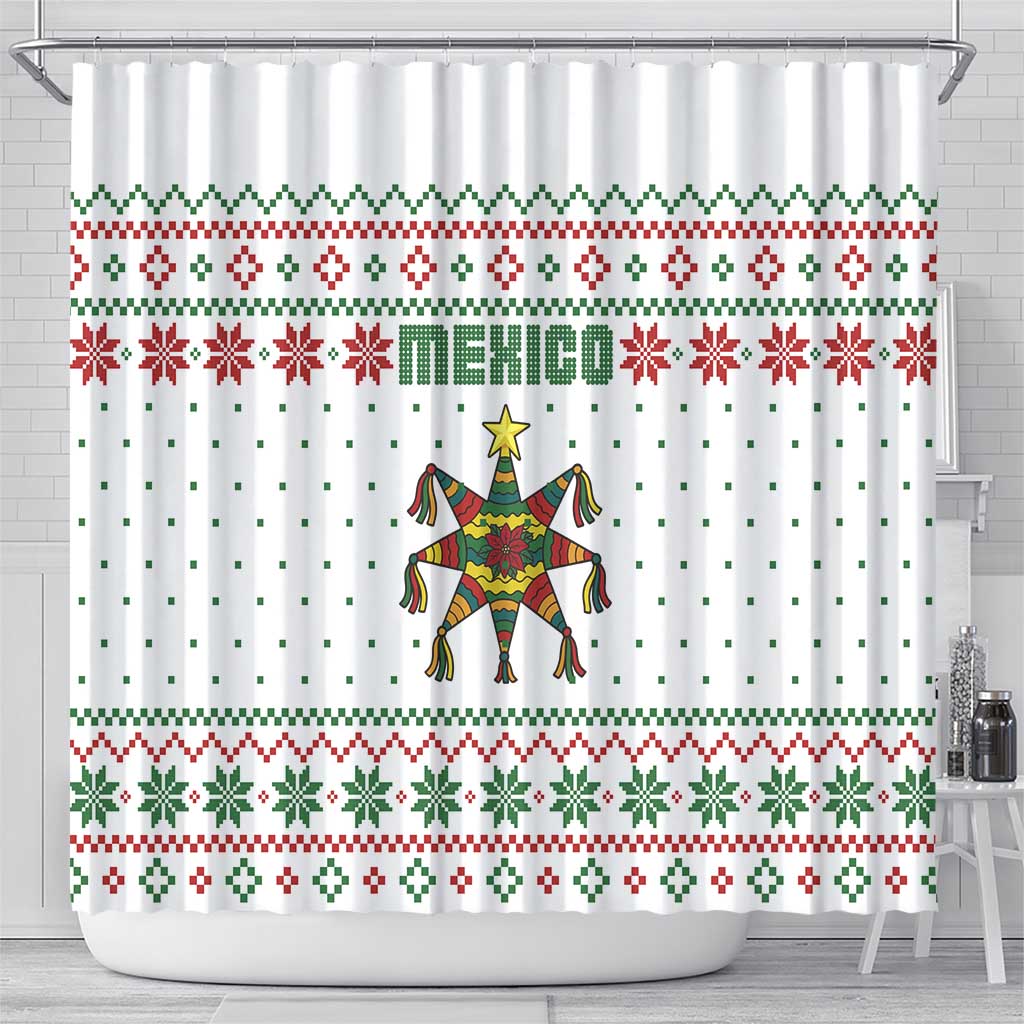 Mexico Christmas Shower Curtain with Piñata Star Design and Red Green Snowflake Pattern - Wonder Print Shop