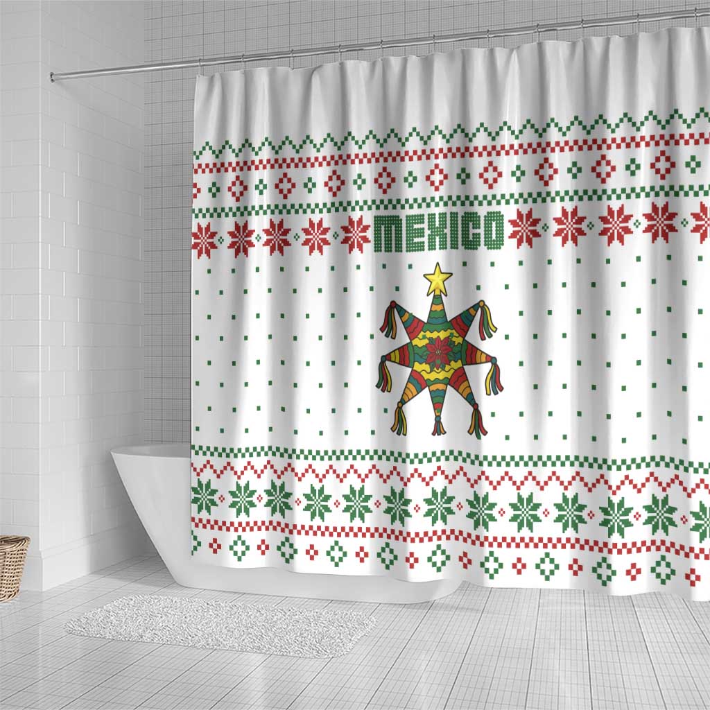 Mexico Christmas Shower Curtain with Piñata Star Design and Red Green Snowflake Pattern - Wonder Print Shop