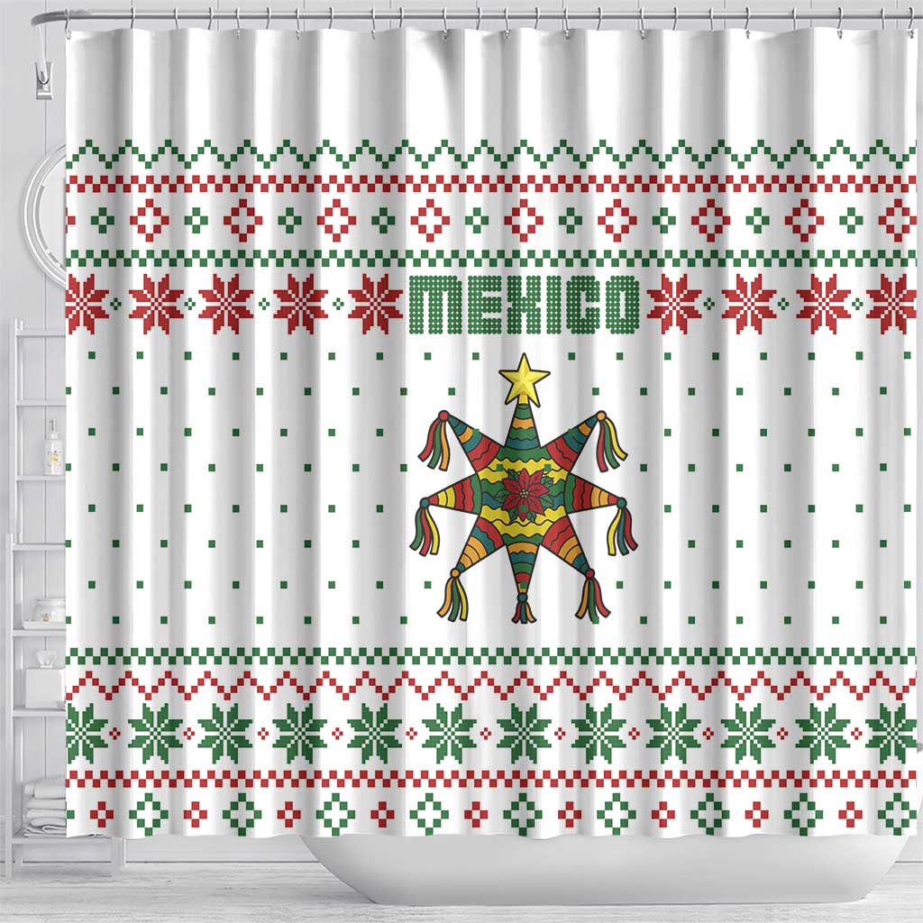 Mexico Christmas Shower Curtain with Piñata Star Design and Red Green Snowflake Pattern - Wonder Print Shop