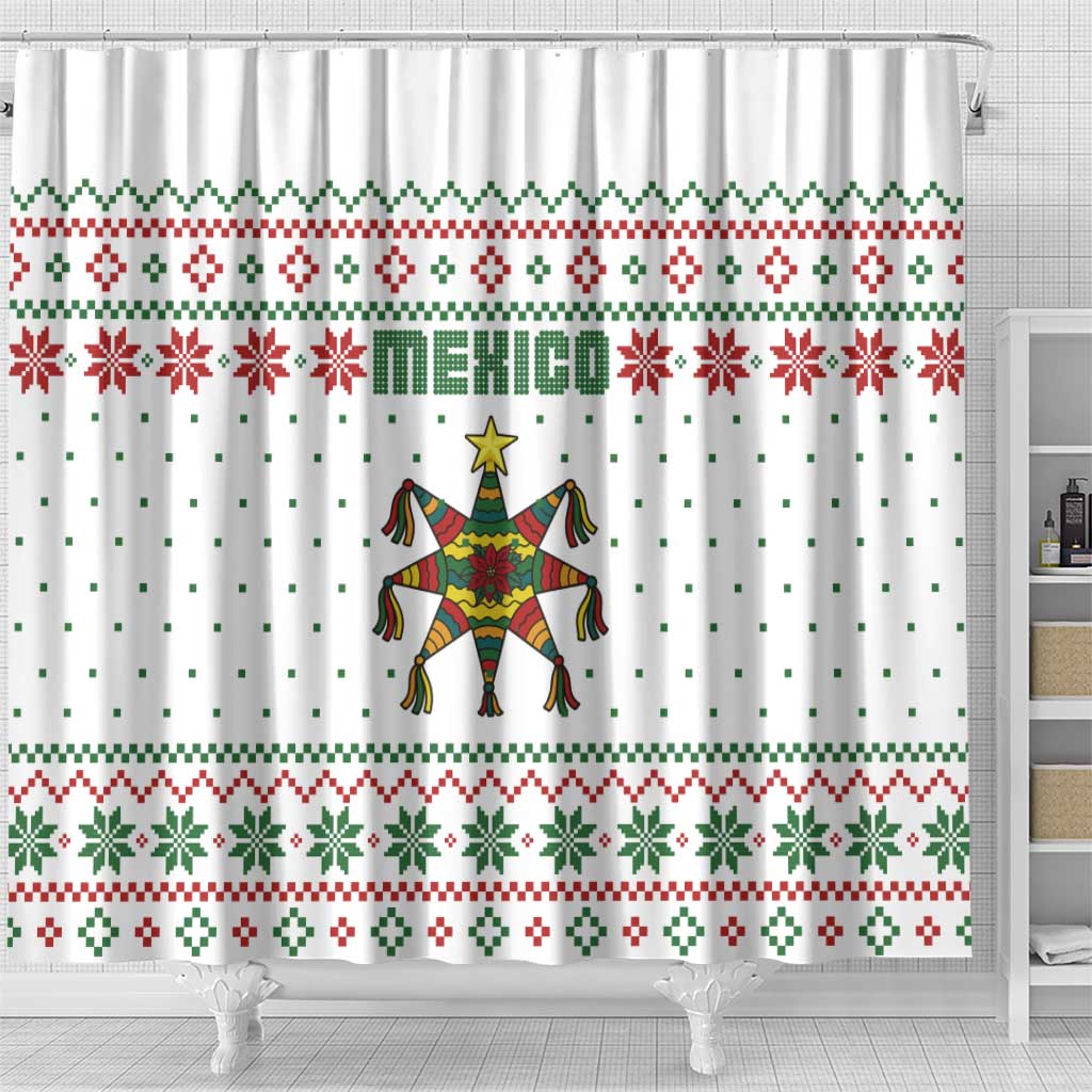Mexico Christmas Shower Curtain with Piñata Star Design and Red Green Snowflake Pattern - Wonder Print Shop
