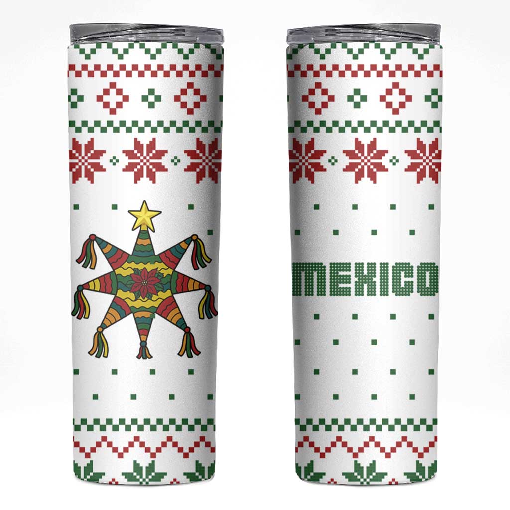 Mexico Christmas Skinny Tumbler with Piñata Star Design and Red Green Snowflake Pattern - Wonder Print Shop