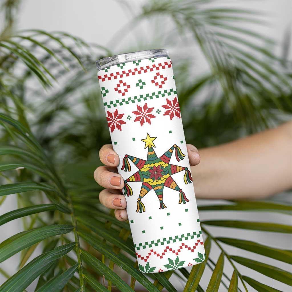 Mexico Christmas Skinny Tumbler with Piñata Star Design and Red Green Snowflake Pattern - Wonder Print Shop